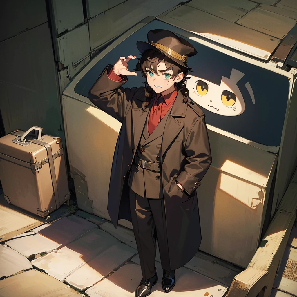 a short guy, he is scary and hideous.he has light brown skin and small spots and freckles on her face, her teeth are terribly crooked and yellowed and her eyebrows are close together. He has black curly hair with small reddish-brown spots. His hair has a crooked cut, it is of medium height but longer on the left side, his eyes are yellowish with brown pupils. He is just a little chubby, he wears a black overcoat over a stained blue dress shirt and loose pants. full of tears and a black boot with a huge treated heel, he wears a green scarf and a green cap, he has dark circles under his eyes and his eyes are almost closed as if he were sleepy and he has a huge strange smile, he has a black suitcase and come out of a pile of rubbish . Horror Picture,