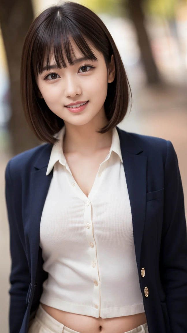 masterpiece）、(Highest quality:1.5)、(Photorealistic:1.2)、(Surreal), (High resolution), (Realistic), (Post-processing),(Sharp focus), Sharp focus:1.2,Backlight, (Improvement of quality:1.4), (Narrow waist)、((Perfectly detailed five-fingered hands)),（Anatomically correct body）、((1 female:1.4))、Japanese、Realistic Skin、（Small chest：1.4）、Bust size is A cup、A pretty woman with a slender figure:1.4,(from the front:1.5), (Enhances the beauty of skin texture:1.1),No makeup、美しいBlack Hair、smile、Natural color lip、(Small Mouth:1.4)、The mouth is not open、Thick lips、(Oval Face)、Even bangs、Hide eyebrows with bangs、((33-year-old woman))、Bob Hair、Hair blowing in the wind, (Black Hair, Iris, Watery eyes, Shining Eyes, Bob cut hair,), Hair behind the ear、No makeup、(Drooping eyes)、(((One lovely woman)),((優しい大きなsmile)),(( Small breasts,Small breastsの谷間)),((((Plump Cheeks)))),very cute,(Baby Face),Raccoon face,1 girl, (Please wear your high school blazer uniform:1.2),
