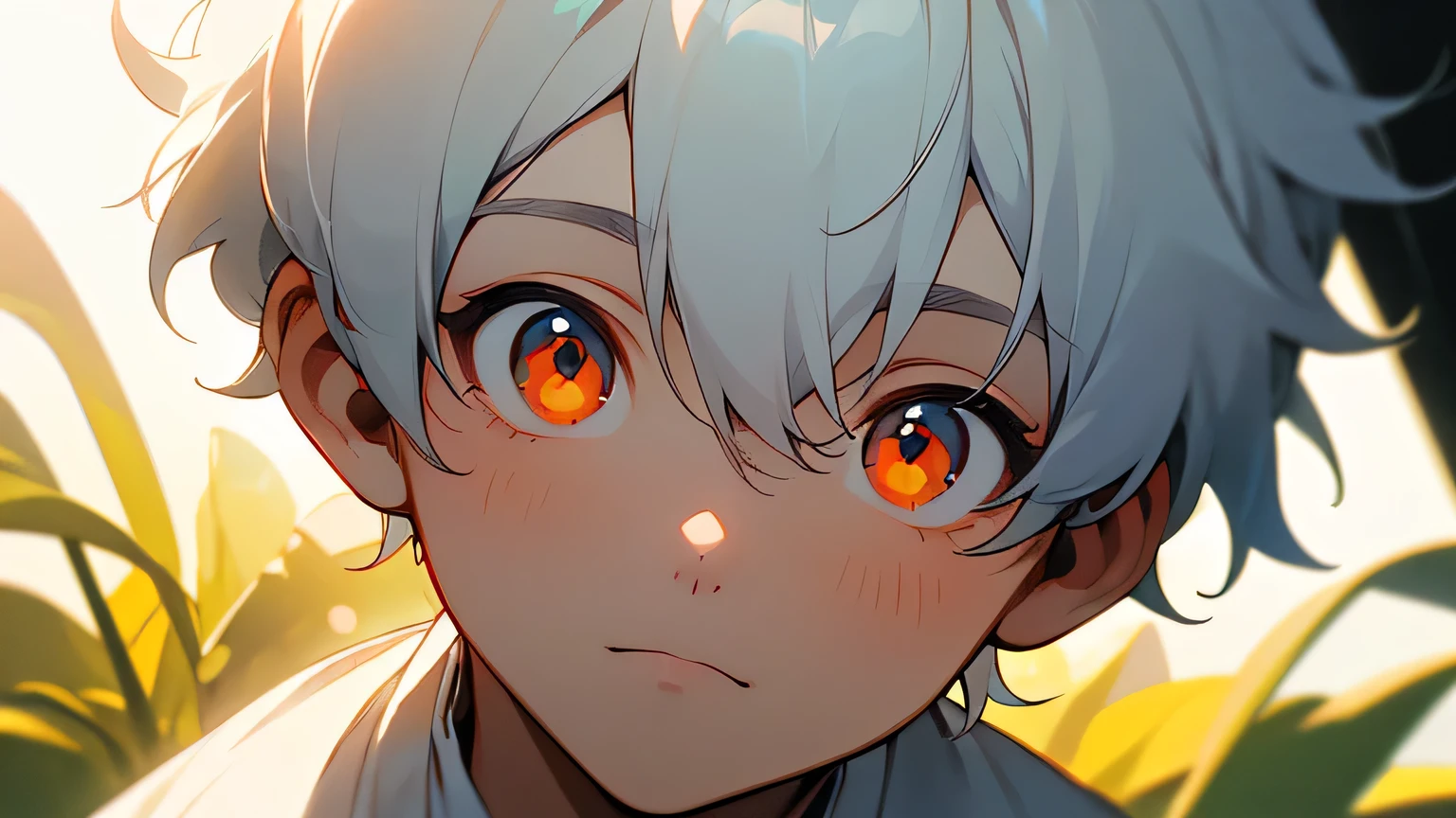 (masterpiece, Ultra-high quality, high resolution, 8K, complicated: 1.2), (Delicate face:1.2),White skin, Double eyelids , Delicate skin, a boy,Good lighting quality, ((青White skin)), Soft and cute anime style，Cute cat-eared boy wearing a white short-sleeved shirt，Bright orange eyes，Q version expression pack，Excellent anime