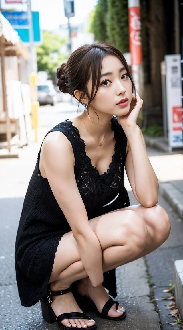 Dark brown hair、Light brown eyes、Japanese actress、 Lady、I am about 40 years old...、(Intricate details:1.2)、(Which is higher???:1.4)、 (Ultra-high resolution:1.2)、Ultra-high resolution、(fine adjustment)、(Detailed facial features)、Hmph、8k resolution、D cup size breasts、Long Hair、Updostyle, Updo、Hair Bun、1 girl, A look of deep sadness, (Very detailed美しい顔), (blackのカットソーキャミソール:1.5),black Close-fitting shorts、 (Expose your shoulders:1.3), (Highest quality:1.4), (Very detailed)、Beautiful white skin, Top View、 Spread your legs wide, Open your mouth a little、Visible legs、Pose of Weakness、Obscene pose、Street fashion、Very sandals、
