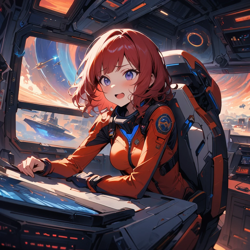 ridiculous resolution, a high resolution, (masterpiece: 1.4), ultra detail, 1 young woman, red short hair, pilot suit, Rich Princess, Sitting in a very small and closed mech control room.,I look out the window, The window is the cosmic universe, and you can see the blue planet. (1.5), Very excited facial expression, Mechanical control room in the universe