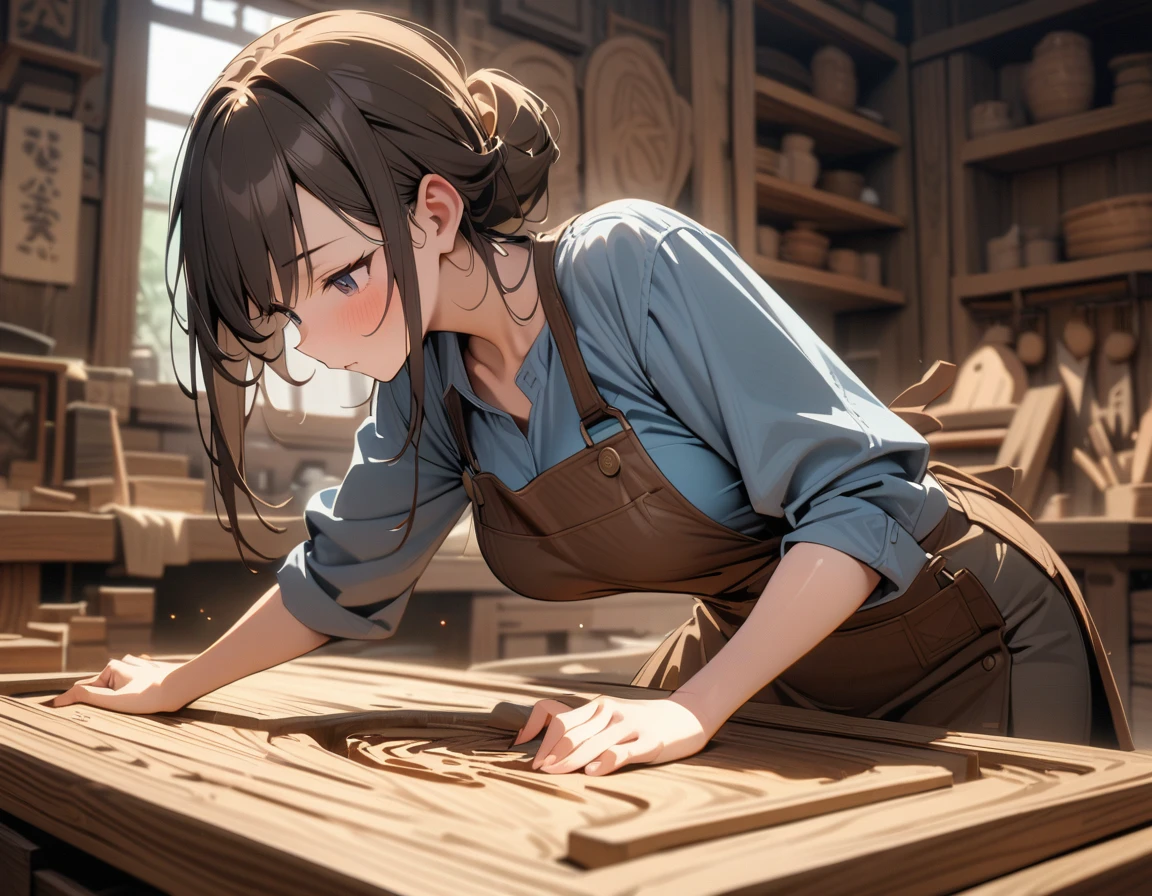 ((best quality)) , ((masterpiece)) , (detailed),(((Female carpenter))),The furniture is all made of fine Paulownia wood,Surface carving waxing,It was built by the best carpenter in the county in two months.。