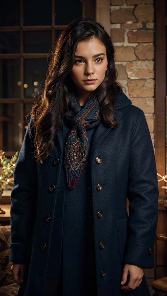 Digital painting featuring whimsical character with stylish hair flowing sideways, clad in dark blue wool coat adorned with detailed dark red Celtic embroidery, vibrant orange interior, voluminous buttons, hood merging elegantly into lapels, olive-colored knitted scarf, face bathed in soft illuminating light, amidst night setting with reflective backdrop, positioned amongst multicolored flowers, chiaroscuro ambient light, abstract expression