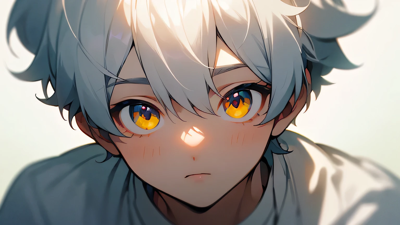 (masterpiece, Ultra-high quality, high resolution, 8K, complicated: 1.2), (Delicate face:1.2),White skin, Double eyelids , Delicate skin, a boy,Good lighting quality, ((青White skin)), Soft and cute anime style,Cute cat-eared boy wearing a white short-sleeved shirt,Bright yellow eyes,Q version expression pack,Excellent anime