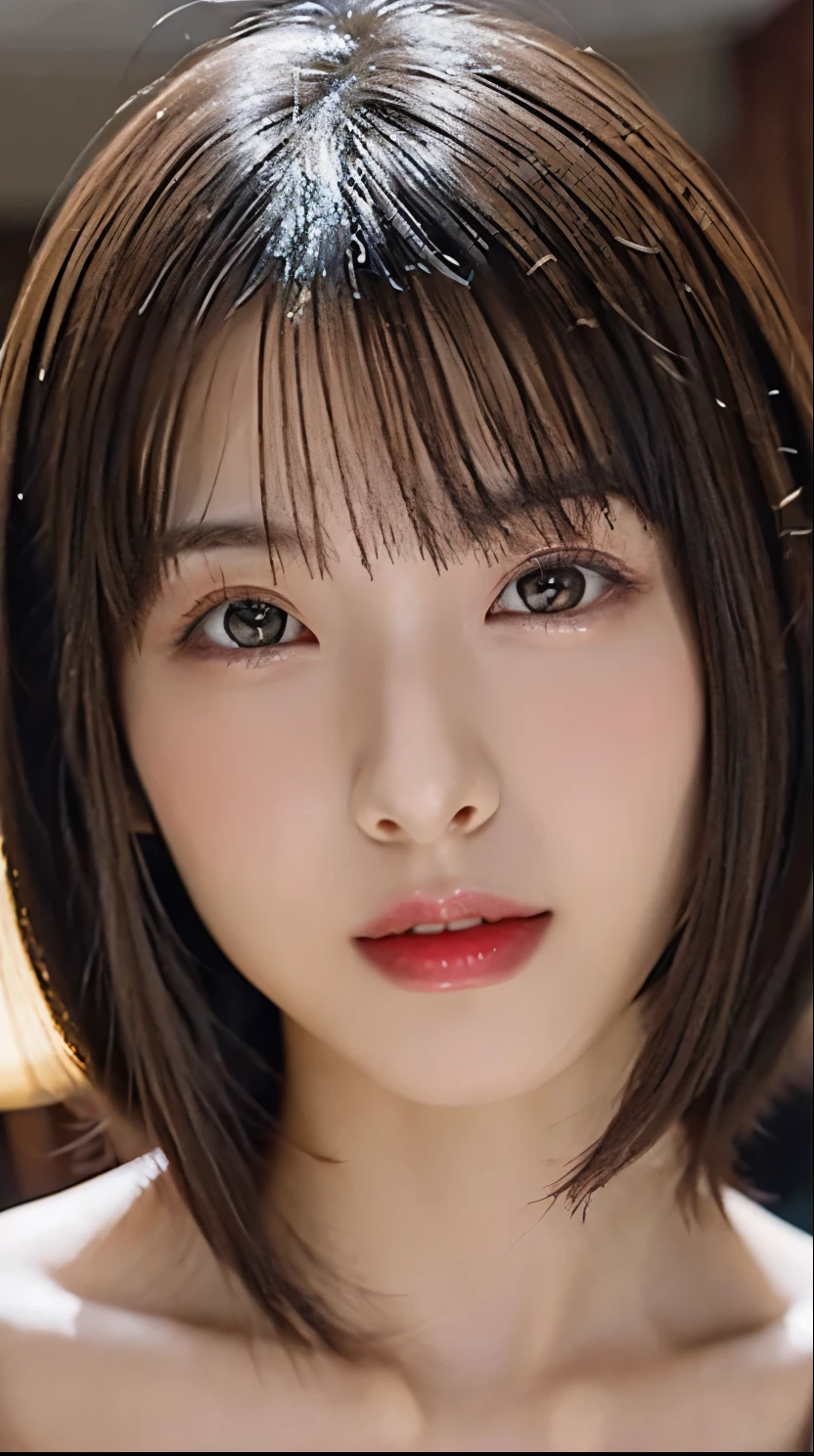 ((顔のBust up photo:1.4))、(Highest quality、Tabletop、8k、Best image quality、Award-winning works)、(One Girl, 14 years old:1.3)、(Perfect naked beautiful girls:1.5)、(A woman with extremely beautiful makeup:1.5)、Perfect Makeup、Long eyelashes、Ultra-high definition sparkling eyes、Ultra HD Hair、Ultra-high resolution glossy lips、Ultra High Resolution Perfect Teeth、Ultra HD cute face、Light blonde hair:1.4、(Very short straight hair:1.1)、Look at me and smile、[clavicle]、Accurate anatomy、(Bust up photo:1.5)、Luxury Love Hotel、(The most atmospheric and warm lighting:1.2)、Blurred Background、With bangs、Ultra-high-definition, shiny, moisturized face、Ultra-high resolution glowing skin、The most detailed face、Super high resolution detailed faces、ultra high resolution hair、Ultra-high resolution sparkling eyes、Beautiful face drawn in every detail、Ultra high resolution glossy red lips