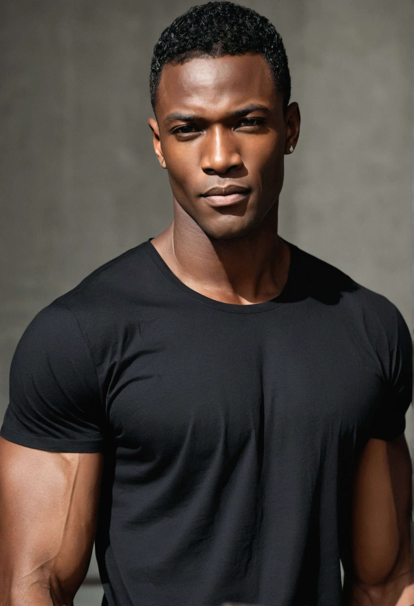 Black man with delicate and masculine features, wearing a black tshirt , strong and muscular, sensuous , comely