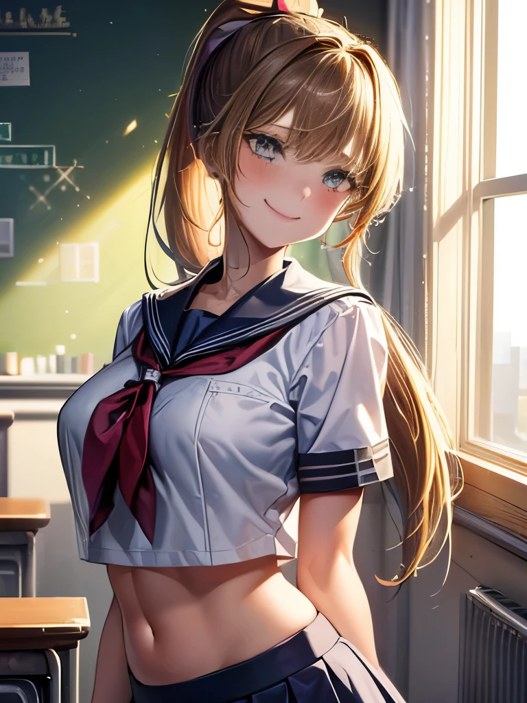 ((masterpiece)), (8k, expensive_solve), (clear_image), (Ultra high definition), (Highest quality), (sunlight, Face reflected in the light), (Face reflected in the light:1.1), alone, Beautiful eyes and fine face, ((One girl, alone)), Medium chest, Wide Hips, (Abdominal muscles:0.8), ((school uniform)), (ponytail), (blush, Happy, Happy smile, Laughter),
