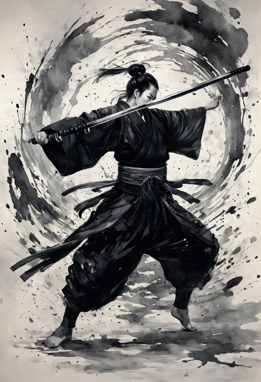 Ink Painting,1color,whole body,smile,Medium Hair,warrior,Black kimono,(Haori),(Intense sword-fighting scene with arms outstretched),Drawing of strokes drawn with rotting ring 0,Dynamic movement and powerful brushstrokes、splash,