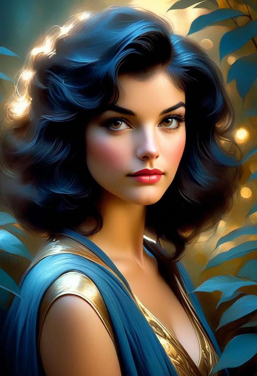 a sense of depth and intrigue, digital brushstrokes, soft lighting,
painting of beautiful modern noir female with short black hair, blue, gold, pretty pose, elegant, garden, dark, in the style of nostalgic paintings, electric dreamscape, 1990s, dreamy vignettes, magewave, childhood arcadias, john singer sargent
style of Jean Baptiste Monge, Thomas Kinkade, David Palumbo, Carn Griffiths, cleavage