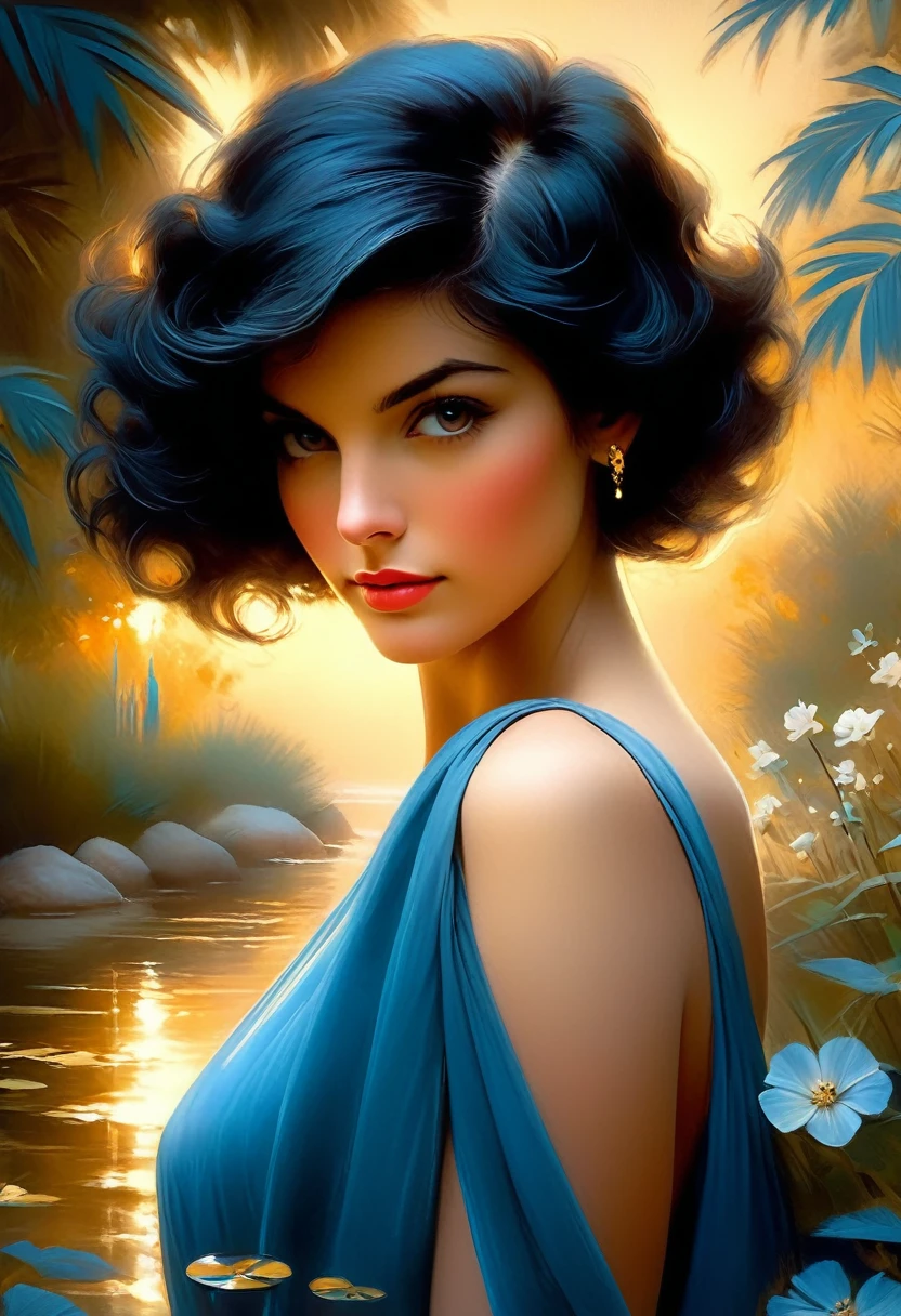 a sense of depth and intrigue, digital brushstrokes, soft lighting,
painting of beautiful modern noir female with short black hair, blue, gold, pretty pose, elegant, garden, dark, in the style of nostalgic paintings, electric dreamscape, 1990s, dreamy vignettes, magewave, childhood arcadias, john singer sargent
style of Jean Baptiste Monge, Thomas Kinkade, David Palumbo, Carn Griffiths, cleavage