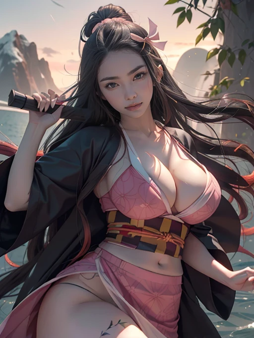 (ultra realistic photo of Nezuko kamado goddess of beauty, bright pink eyes, angry angry expression, 8k, UHD, hottie with ultra giant breasts, huge long breasts sticking out of the kimono, with long black hair and orange tips, sexy Japanese kimono dark pink, she doesn't wear panties showing her tattooed , pubic hair showing), Nezuko with a piece of bamboo stuck up her ass, (Nezuko, Nezuko-chan, Demon Slayer art style, kimetsu no yaiba), Anime character female hentai, (Nezuko, in her demon form, huge breasts, giant long breasts sticking out of her clothes, her breasts sticking out of her kimono, showing beautiful pointy breasts), (the length of her ultra giant breasts goes up to her toned belly, she has leaf tattoos running down her erotic sexy body), Demon Slayer rui fanart, wielding kunai, Marin Kitagawa Fanart, clean and detailed anime art, a very beautiful berserker woman, by Kamagurka, professional art, perfect detail, (Nezuko kamado na her demonic form showing her giant, hairy , based on the Demon Slayer kimetsu no yaiba), nudes,