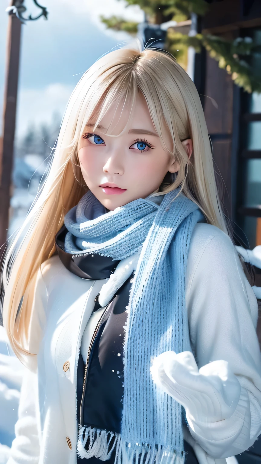 alone, very beautiful nordic girl、Shiny light blonde hair, Beautiful super long straight dazzling blonde hair fluttering in the strong wind,Long bangs obstruct the view、 Very large eyes are pale sky blue, Detailed face, White and beautiful skin、Cheek gloss highlighter、Mittens, White scarf, whole body, Snow Forest, Attractive areas, (Blushing your nose, Heavy breathing:1.1), (dark:1.4)