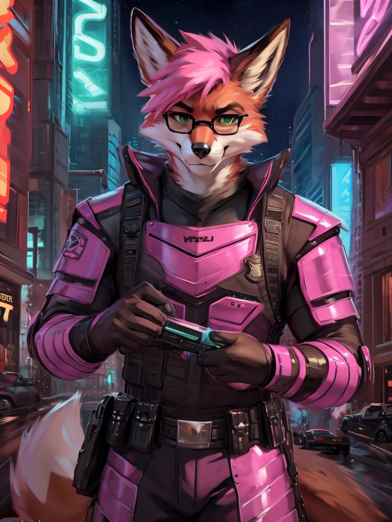 Anthro, fox, neon pink body armor, sleek police armor, green triangle glasses, retro, brown fur, pink hair, green eyes, hitman, cruelty squad, mt foxtrot, surrealist, detailed, by zackary911, by chunie