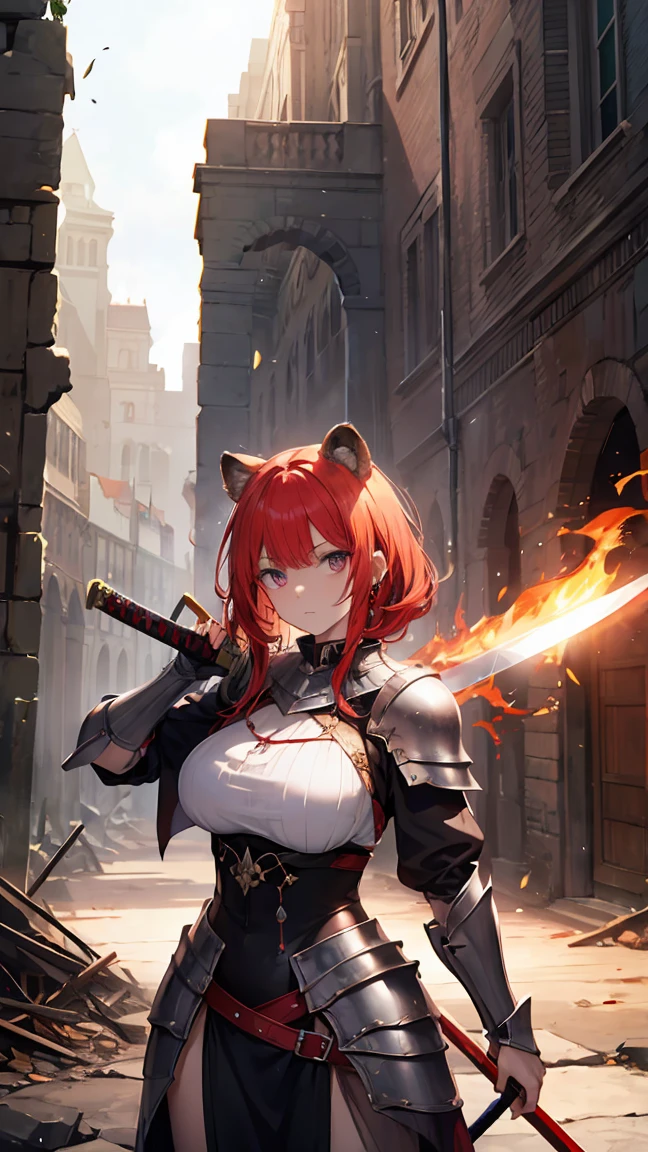 ((best quality)), ((masterpiece)), (detailed), perfect face, Highly detailed face, detailed eyes, (looking at viewer:1.2), (red hair), bangs, ((hair over shoulder)), floating hair, raccoon ears, The armor worn by medieval Western knights, the shiny design, the toned waist, the fantasy novels, the powerful gaze, ((she holds a long, huge sword that shines red)), , grip the sword, hold the sword, fantasy art, bloody armor, burning ruins, forehead protector,