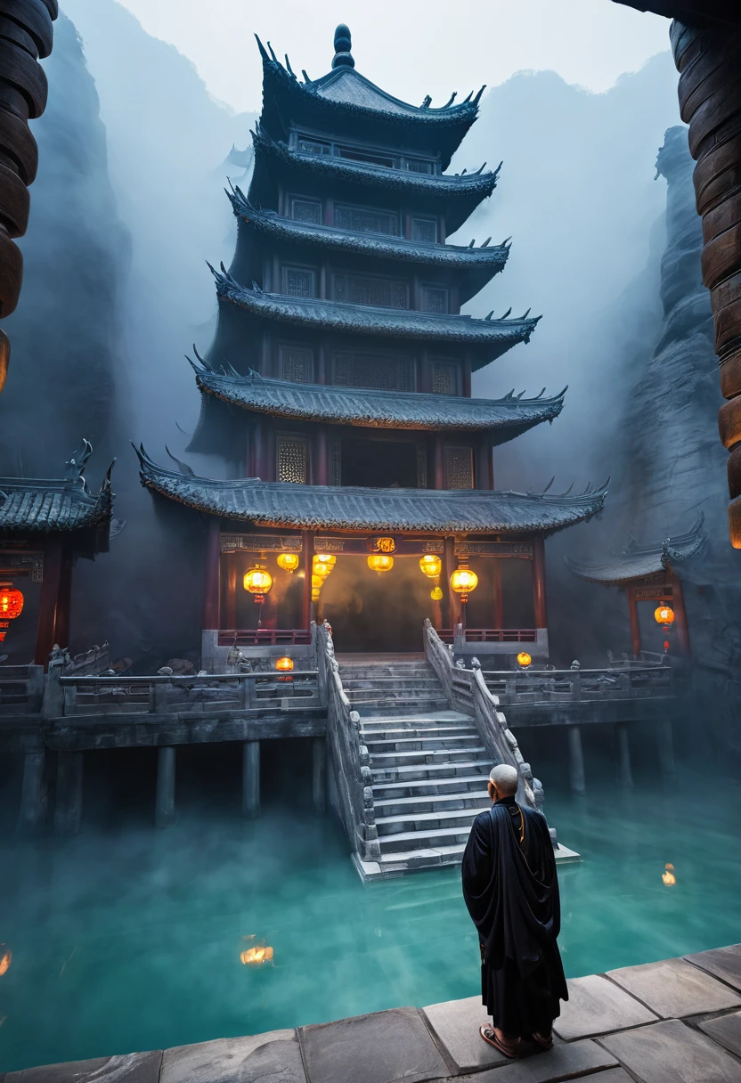 China, temple, (Mysterious Black Mist), Journey to the West, Judge, Elders, Glazed tiles, Buddha statues, lantern, absurd, Realistic lighting, (abyss) masterpiece, high quality, Beautiful graphics, High Detail, seabed, Water dungeon, male, Snake spirit  