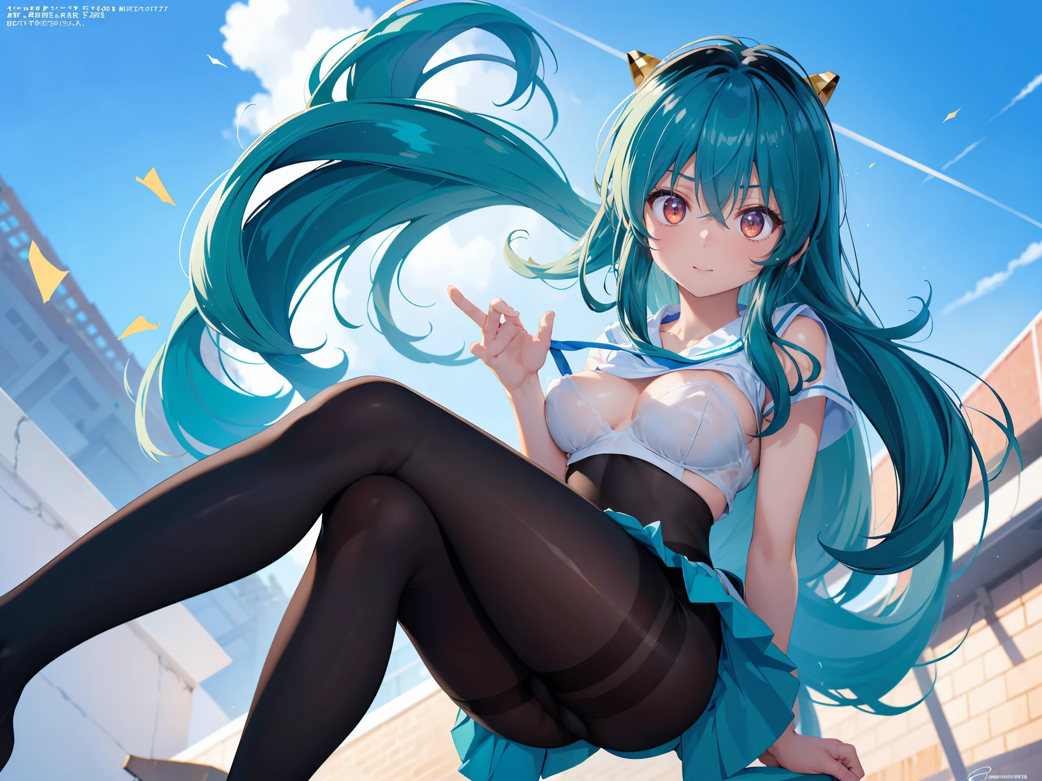 (1 Girl:1.2),(high quality), (High resolution), (Very detailed), (8k),(Demolition paperback correct)、Urusei Yatsura、Ram-chan、((Sexy Lingerie))、Wearing a sailor uniform、((Focus on the whole body))、Nipple Shape、((Black Pantyhose))、Hair messed up by the strong wind、Neutral White Lighting,Sexy pose、