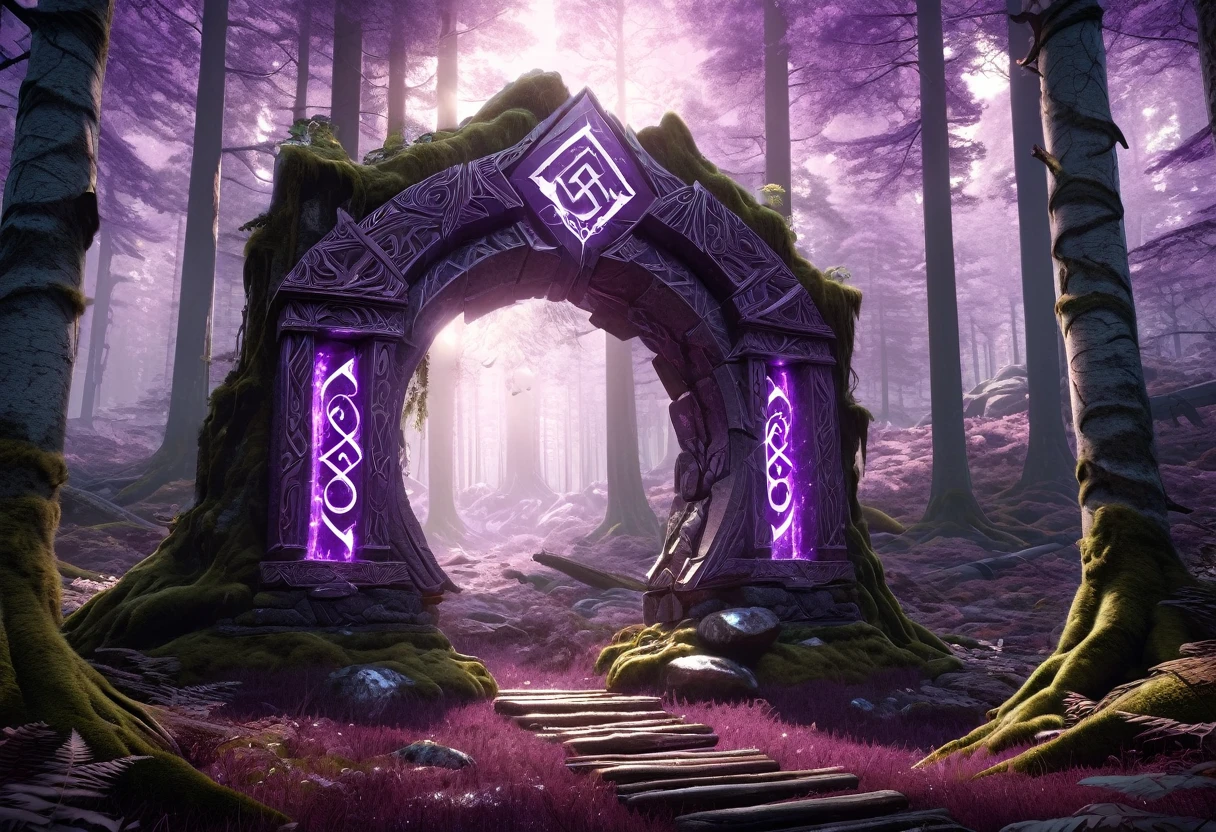 surreal art fantasy northern forest landscape, Shining Rune AI_purple covered (marble (absence)) portal in the forest, Detailed matte painting by Mike Winkelmann, CGSociety, fantasy art, Forest Portal, , CGSociety 9 . Ultra high resolution details, of the photo, Realism taken to extremes, fine texture, Incredibly Lifelike