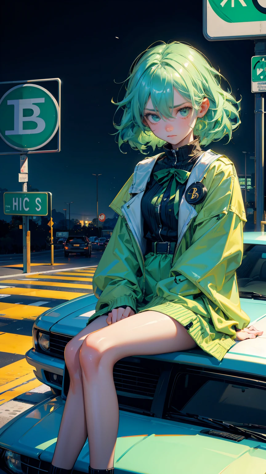 A cute girl light green hairs, with sadness emotions on face looking at of cars stuck in traffic with bitcoin symbols on the road signs, Bitcoin symbols and blue hues for road signs, extremely frustrated girl sitting on the car,