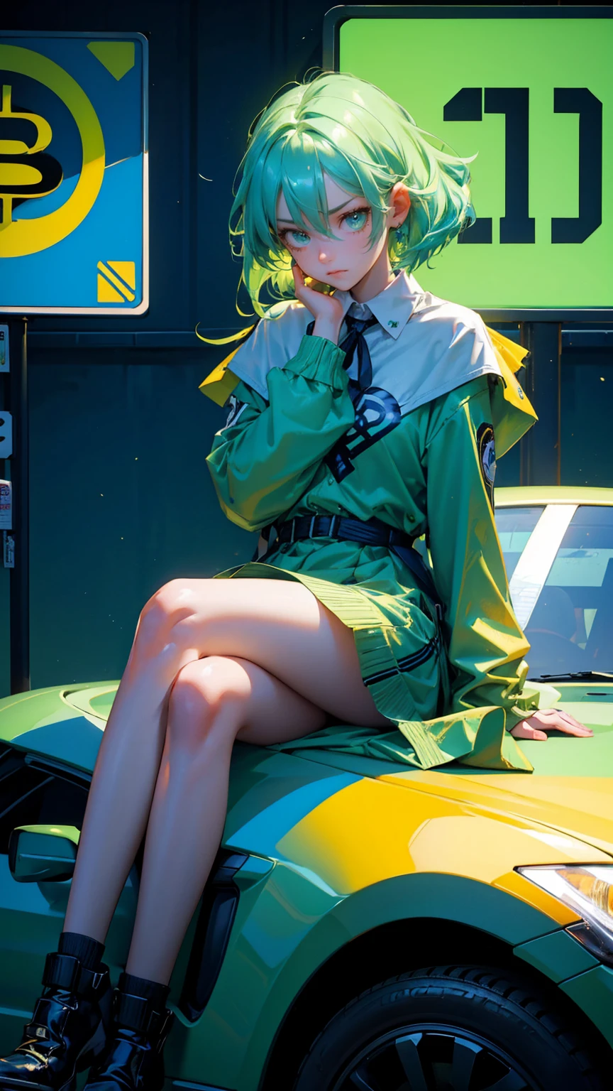 A cute girl light green hairs, with sadness emotions on face looking at of cars stuck in traffic with bitcoin symbols on the road signs, Bitcoin symbols and blue hues for road signs, extremely frustrated girl sitting on the car,