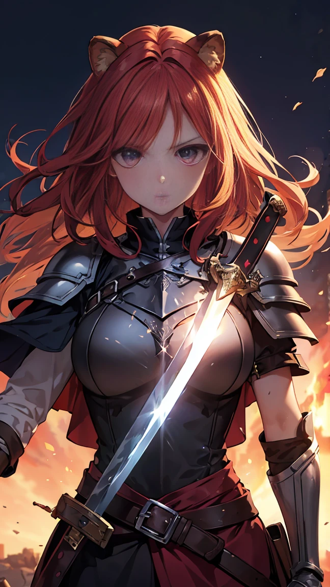 ((best quality)), ((masterpiece)), (detailed), perfect face, Highly detailed face, detailed eyes, (looking at viewer:1.2), (red hair), bangs, ((hair over shoulder)), floating hair, raccoon ears, The armor worn by medieval Western knights, the shiny design, the toned waist, the fantasy novels, the powerful gaze, ((she holds a long, huge sword that shines red)), , grip the sword, hold the sword, fantasy art, bloody armor, burning ruins, forehead protector, 