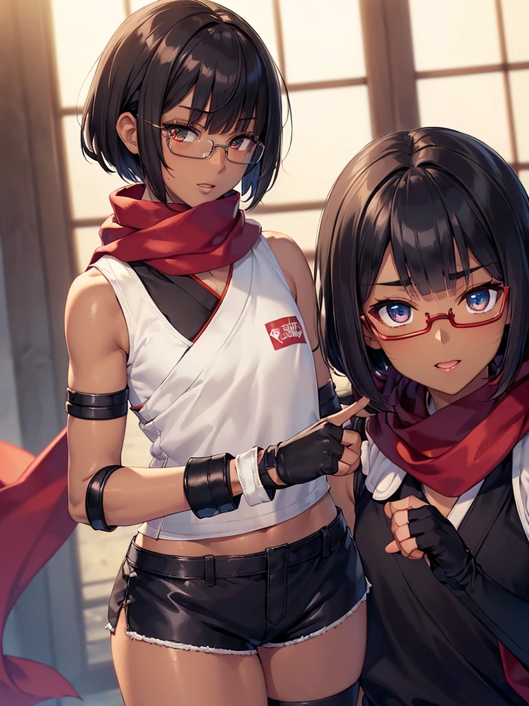 (flat chest), (masterpiece:1.2), highest quality, High resolution, unity 8k wallpaper, (fine and beautiful eyes:1.6), highly detailed face, perfect lighting, Detailed CG, (perfect hands, perfect anatomy:1.3), (2 japanese females:1.4), 20 years old,( black hair:1.3), extremely beautiful detailfeminine face and eyes, (smile), detailed eyes, best quality,( dark skin:1.8), extremely detailed, very precise detailed,(glasses:1.3), (blunt bangs:1.3), open mouth, (very short pixie cut:1.2), (geta:1.2),(fingerless gloves:1.5), half closed eyes,long sidelocks,(long red Scarf:1.3),(sleeveless yukata),(short shorts),
