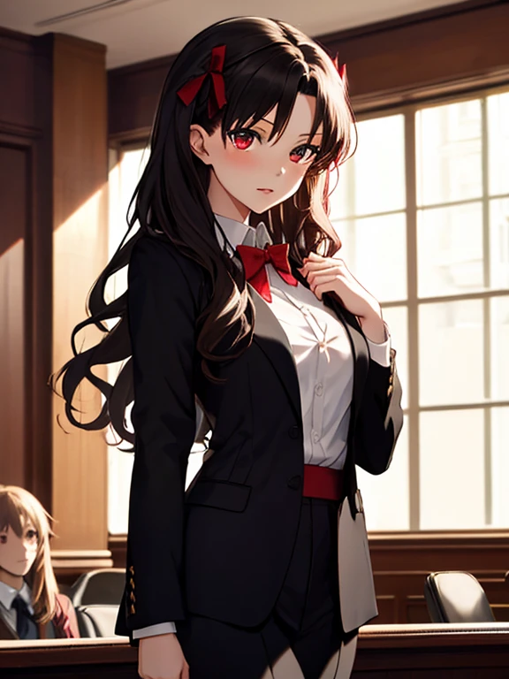 (lawyer), (The background is the courtroom), (Black suit), Tohsaka Rin, (masterpiece), highest quality, 1girl, uhd, retina, masterpiece, ccurate, anatomically correct, textured skin, super detail, high details, high quality, best quality, highres, 4K