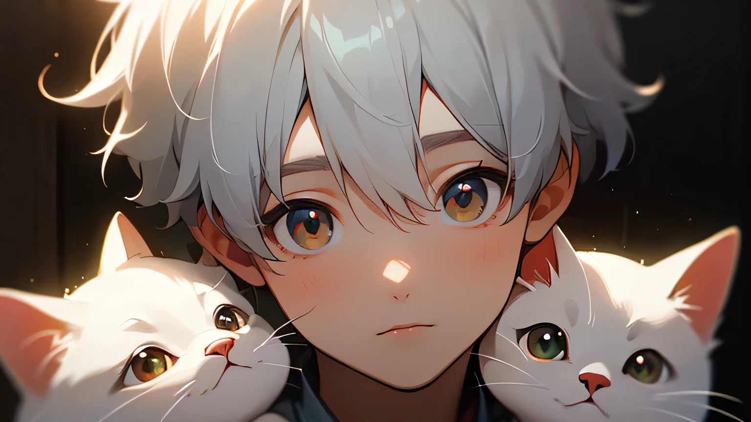 (masterpiece, Ultra-high quality, high resolution, 8K, complicated: 1.2), (Delicate face:1.2),White skin, Double eyelids , Delicate skin, a boy,Good lighting quality, ((青White skin)), Soft and cute anime style，Cute cat-eared boy wearing a white short-sleeved shirt，Bright brown eyes，Q version expression pack，Excellent anime