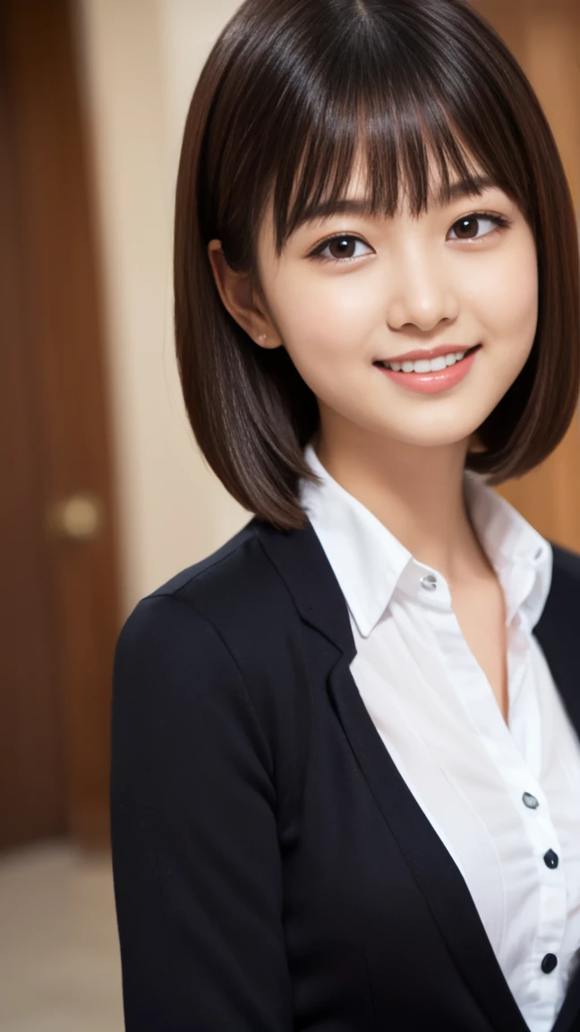 masterpiece）、(Highest quality:1.5)、(Photorealistic:1.2)、(Surreal), (High resolution), (Realistic), (Post-processing),(Sharp focus), Sharp focus:1.2,Backlight, (Improvement of quality:1.4), (Narrow waist)、((Perfectly detailed five-fingered hands)),（Anatomically correct body）、((1 female:1.4))、Japanese、Realistic Skin、（Small chest：1.4）、Bust size is A cup、A pretty woman with a slender figure:1.4,(from the front:1.5), (Enhances the beauty of skin texture:1.1),No makeup、美しいBlack Hair、smile、Natural color lip、(Small Mouth:1.4)、The mouth is not open、Thick lips、(Oval Face)、Even bangs、Hide eyebrows with bangs、((33-year-old woman))、Bob Hair、Hair blowing in the wind, (Black Hair, Iris, Watery eyes, Shining Eyes, Bob cut hair,), Hair behind the ear、No makeup、(Drooping eyes)、(((One lovely woman)),((優しい大きなsmile)),(( Small breasts,Small breastsの谷間)),((((Plump Cheeks)))),very cute,(Baby Face),Raccoon face,1 girl, (Please wear your high school blazer uniform:1.2),