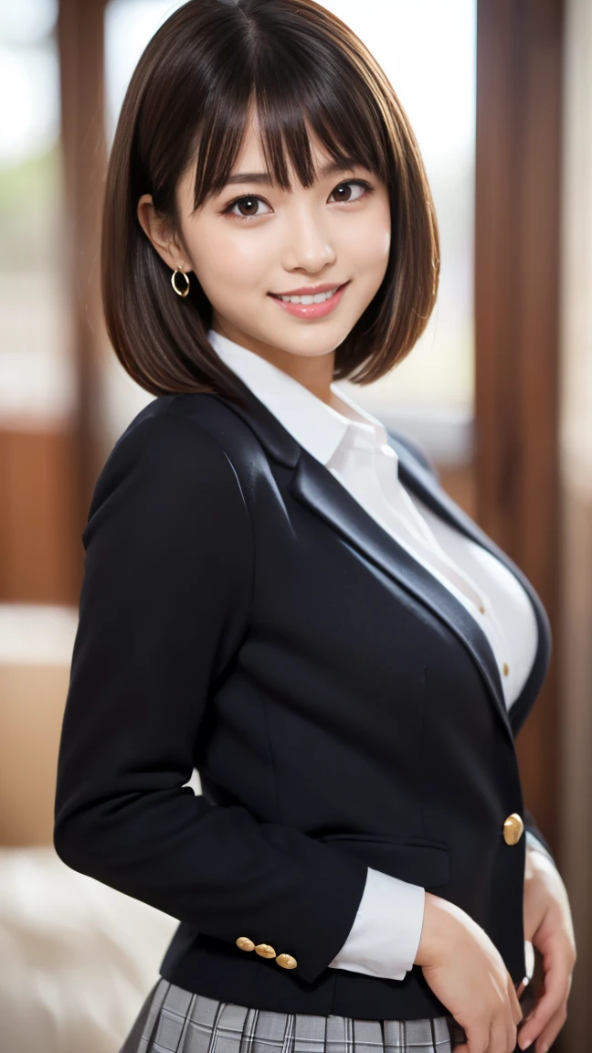 masterpiece)、(Highest quality:1.5)、(Photorealistic:1.2)、(Surreal), (High resolution), (Realistic), (Post-processing),(Sharp focus), Sharp focus:1.2,Backlight, (Improvement of quality:1.4), (Narrow waist)、((Perfectly detailed five-fingered hands)),(Anatomically correct body)、((1 female:1.4))、Japanese、Realistic Skin、(Small chest:1.4)、Bust size is A cup、A pretty woman with a slender figure:1.4,(from the front:1.5), (Enhances the beauty of skin texture:1.1),No makeup、美しいBlack Hair、smile、Natural color lip、(Small Mouth:1.4)、The mouth is not open、Thick lips、(Oval Face)、Even bangs、Hide eyebrows with bangs、((33-year-old woman))、Bob Hair、Hair blowing in the wind, (Black Hair, Iris, Watery eyes, Shining Eyes, Bob cut hair,), Hair behind the ear、No makeup、(Drooping eyes)、(((One lovely woman)),((優しい大きなsmile)),(( Small breasts,Small breastsの谷間)),((((Plump Cheeks)))),very cute,(),Raccoon face,1 girl, (Please wear your high school blazer uniform:1.2),