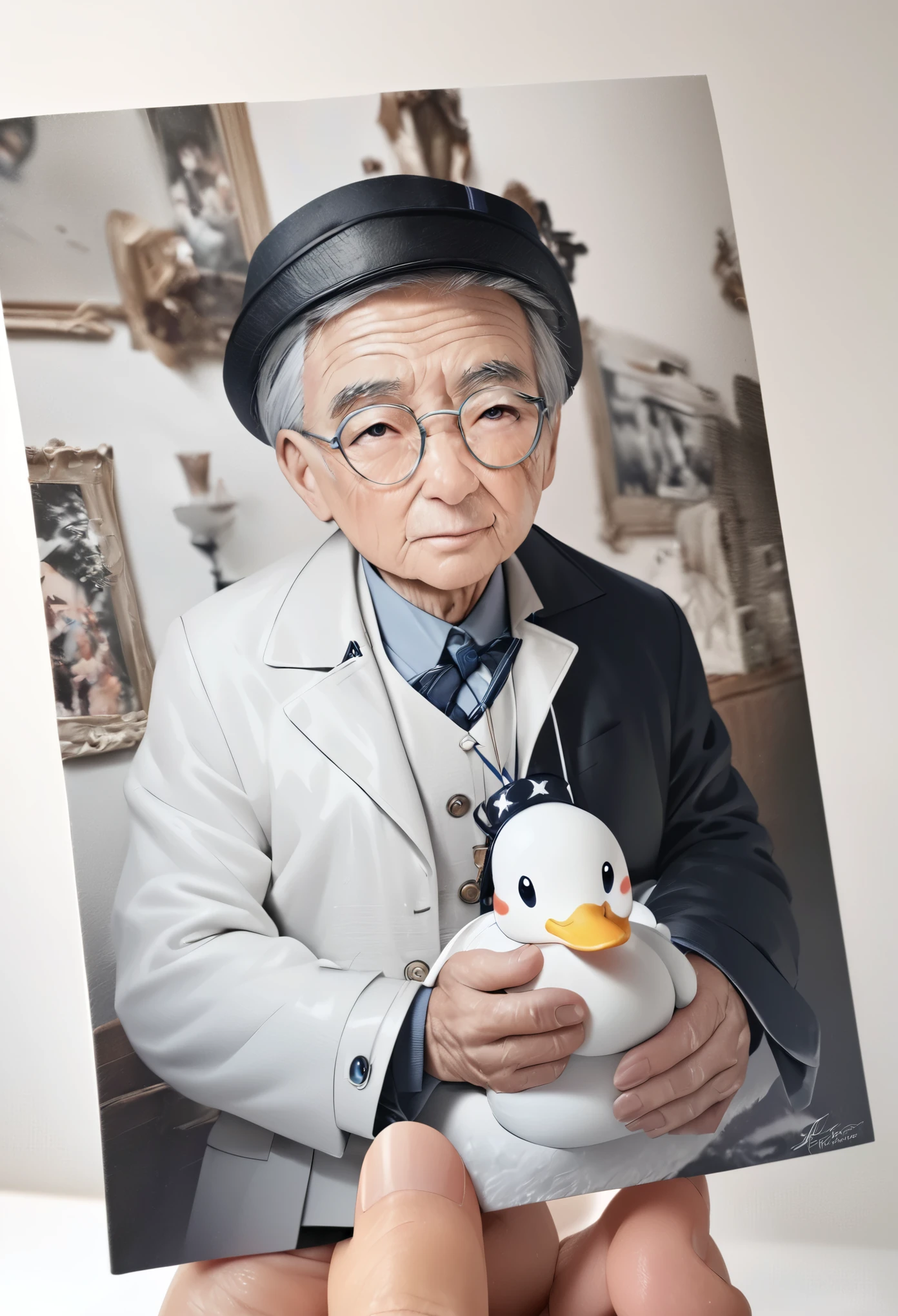 Duck doctor on white background(Duck cartoon cute 3D effect matte texture pattern texture super detail super realistic) Wearing a white coat, a cross hat and a pair of glasses, a photo art photo