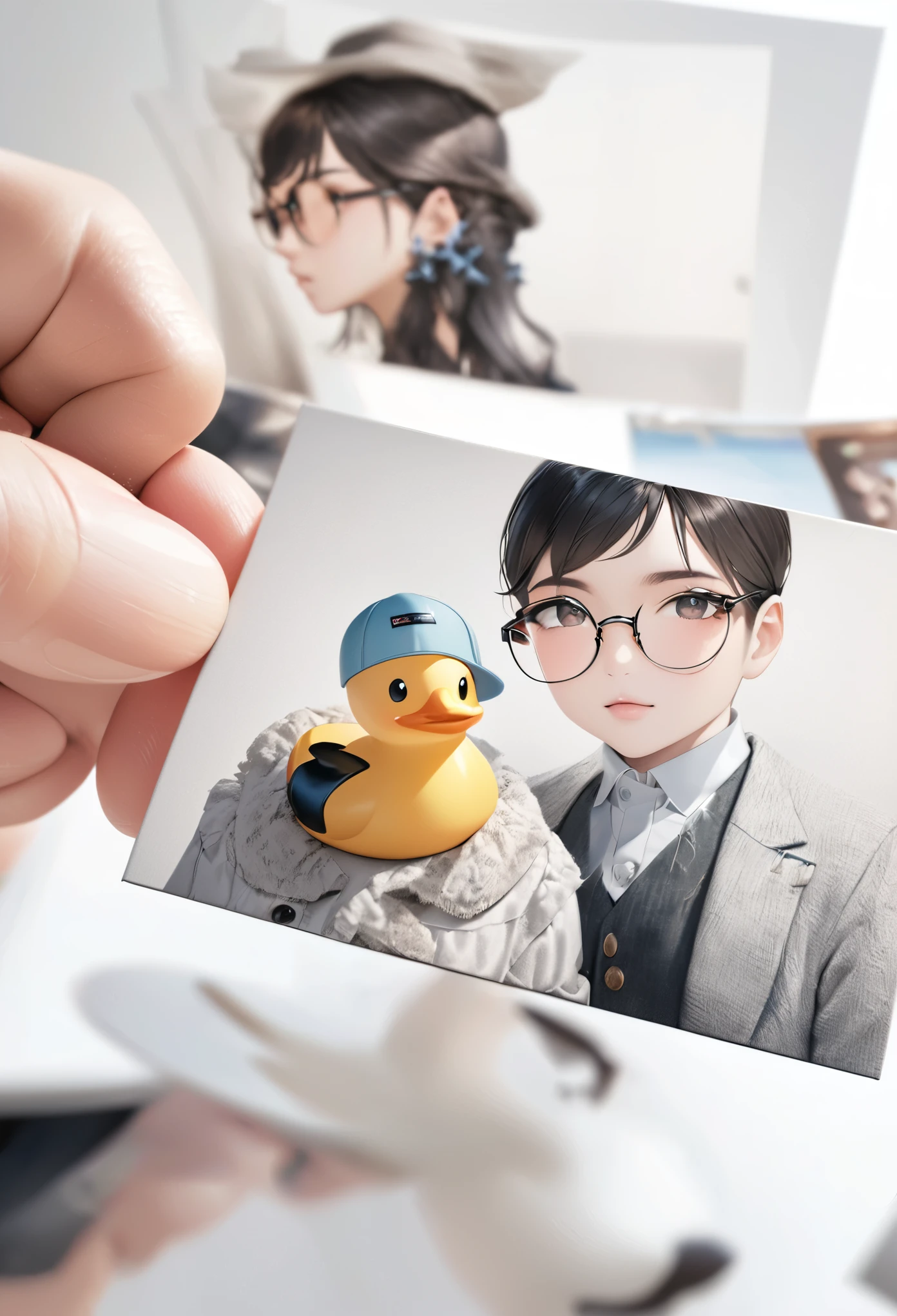 Duck doctor on white background(Duck cartoon cute 3D effect matte texture pattern texture super detail super realistic) Wearing a white coat, a cross hat and a pair of glasses, a photo art photo