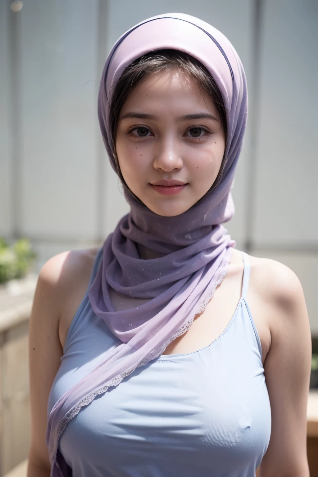 , baby face, adorable, 1 girl, (face to face), 10 years old happy, (half body portrait), (face details: 1), (eye details: 1), ((big breasts)). wearing transparent transparency singlet, hijab, .. Cute posed. proportional body. Ultra High Res. realistic: 1.4, UHD, ((Naked white))