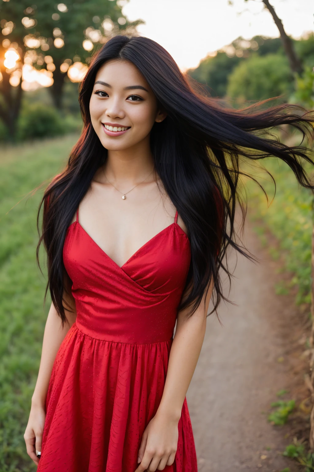 arafed woman with long black hair with deep red highlights, flowing black hair, red high lights, with black hair, photo of a beautiful woman, long flowing black hair, black golden hair, curly black hair, beautiful young asian woman, beautiful asian woman, wild ginger hair, black wispy hair, light black hair, a young asian woman, an asian woman, infp young woman, full body photo of a 24-year-old french girl in RAW UHD format (Brown-eyed woman), Details (textures! , Hair! , glistering, Color!! , imperfections: 1.1), DSLR Lighting, SLR camera, Ultra-Quality, sharpness, Film grain , Fujifilm XT3, Crystal clear, Frame Center, beatiful face, bokeh (lit), day time, (open sky), detailed skin pores, oilly skin, suntan, Complex eye details, beautiful face, smiling:1.3, (wearing a beautiful expensive red dress), walking in the country side, long distance camera, naked legs, red shoes