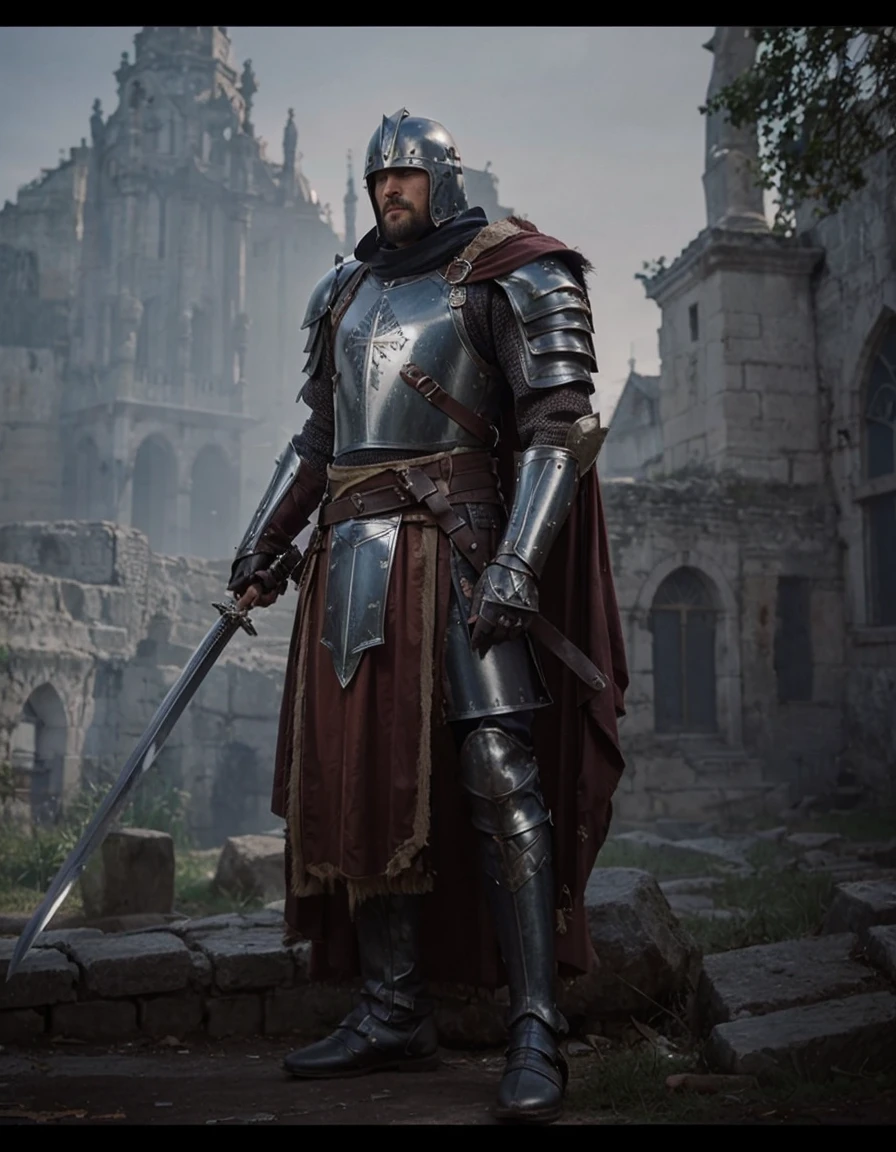 Warrior swordsman , leather suit over which armor is worn, cross on the armor .