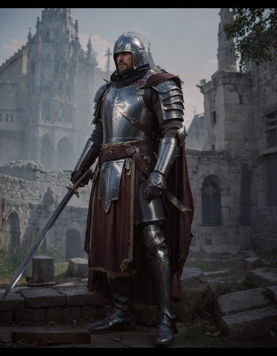 Warrior swordsman , leather suit over which armor is worn, cross on the armor .