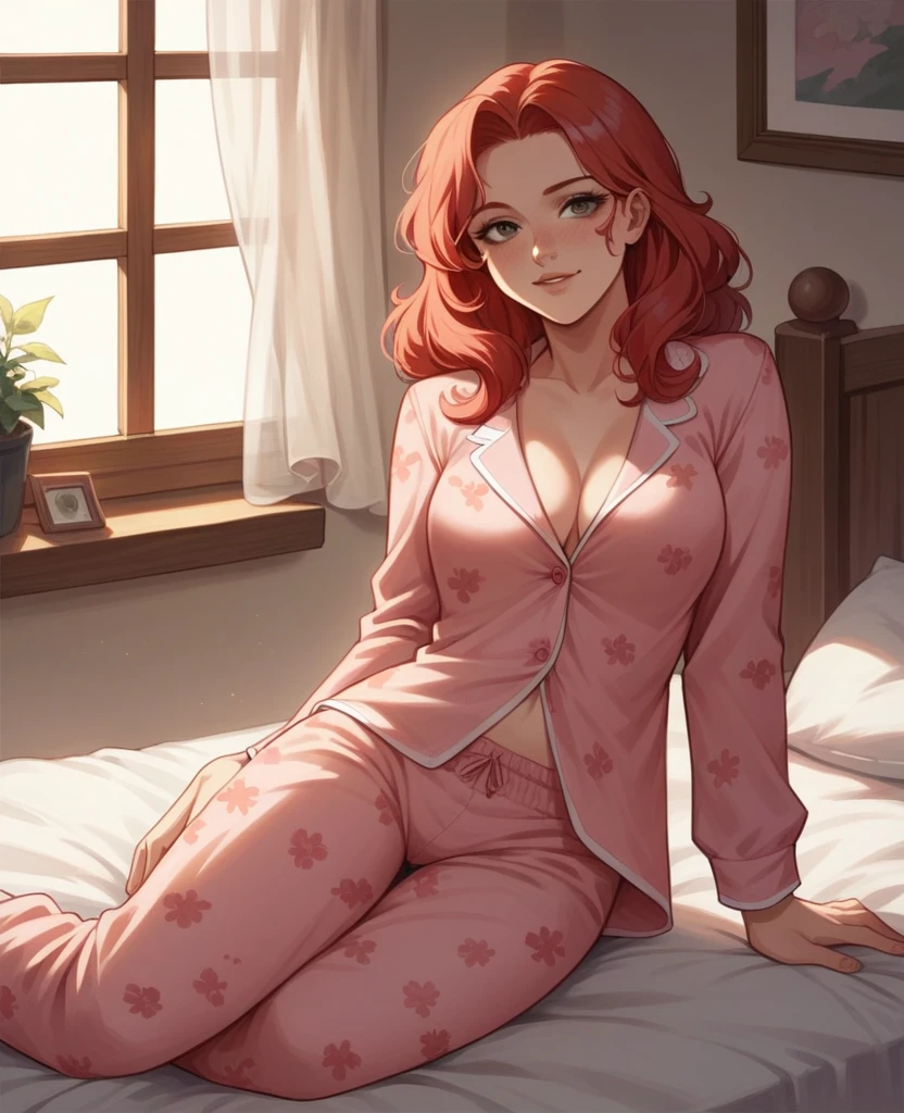 A woman wearing pink pajamas with a floral pattern is sitting on the bed.., red-haired girl, beautiful Red-haired woman, Red-haired woman, young red-haired girl, short bright red hair, red hair and attractive features, Anna Nikonova, aka Newmilky, red-haired girl, redhead, beautiful woman, posing in bed, redhead голова, With short red hair, posing in the room