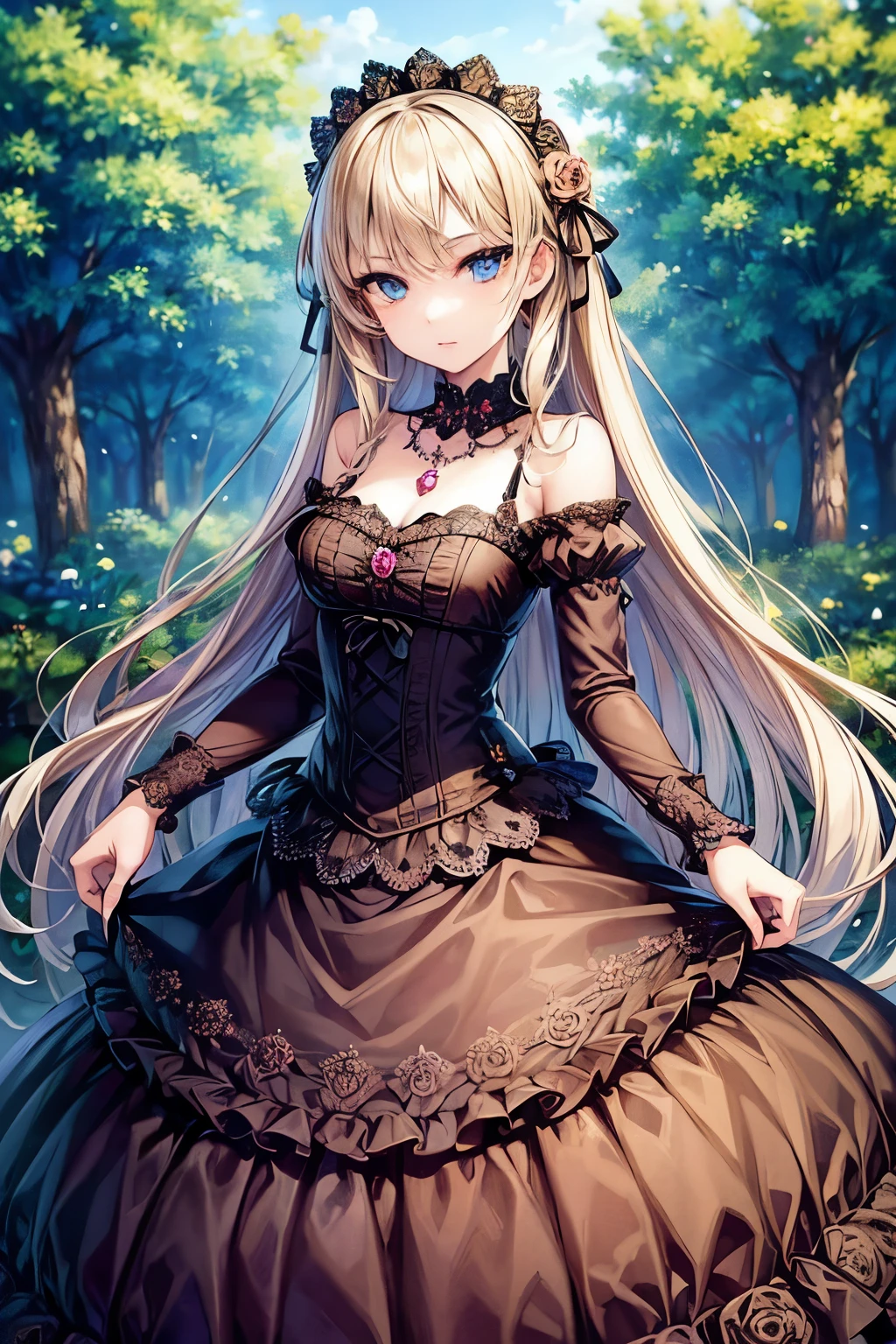 masterpiece,Highest quality,Very detailed,beautiful girl,Gorgeous Gothic Lolita Dress,Gorgeous necklace, teenager, (full body),Blonde,blue eyes,Perfect Face,Beautiful and detailed eyes,Beautiful Skin,skinny,Dynamic,Outdoor,Beautiful flowering garden,Lots of flowers