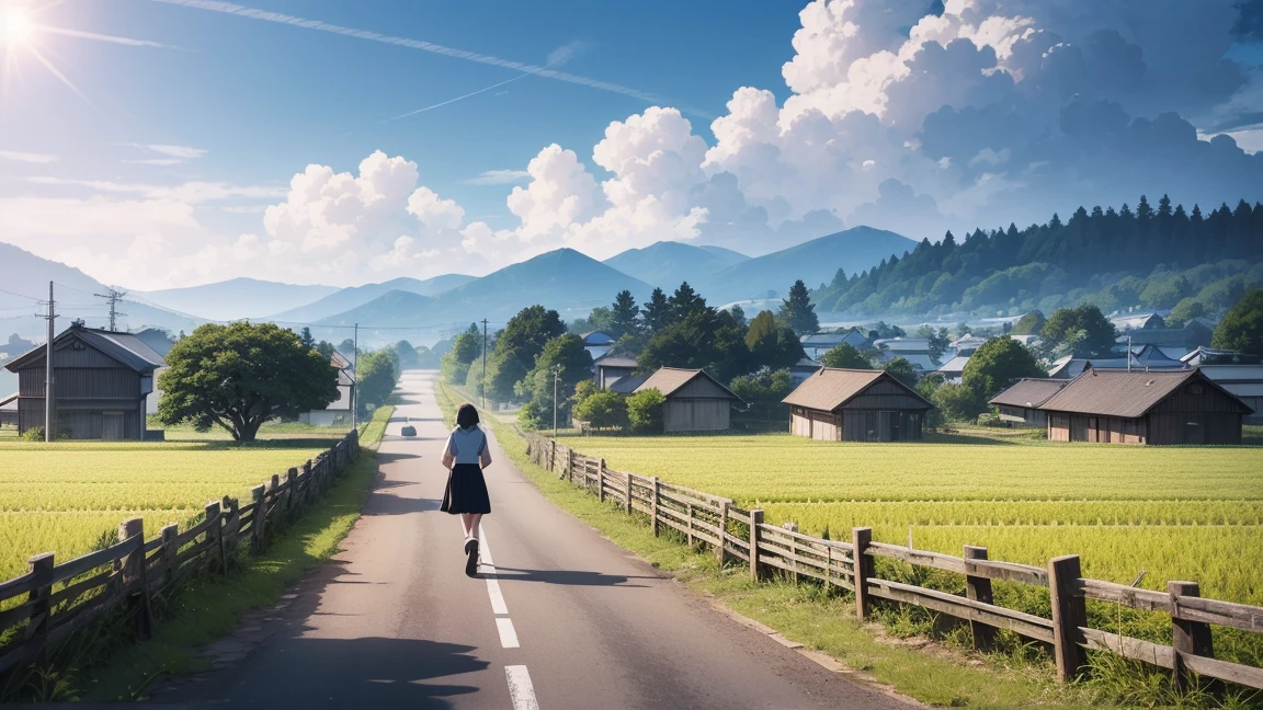 Ghibli, anime, Highest quality、Very detailed、Super Resolution、Ultra HD、8k wallpaper、Amazing details summer, Japan、Rice fields beside the road、Woman walking along a straight country road、A 16-year-old female student in uniform、blue sky、Shining Sun, Wide field of view, Small house and bus stop