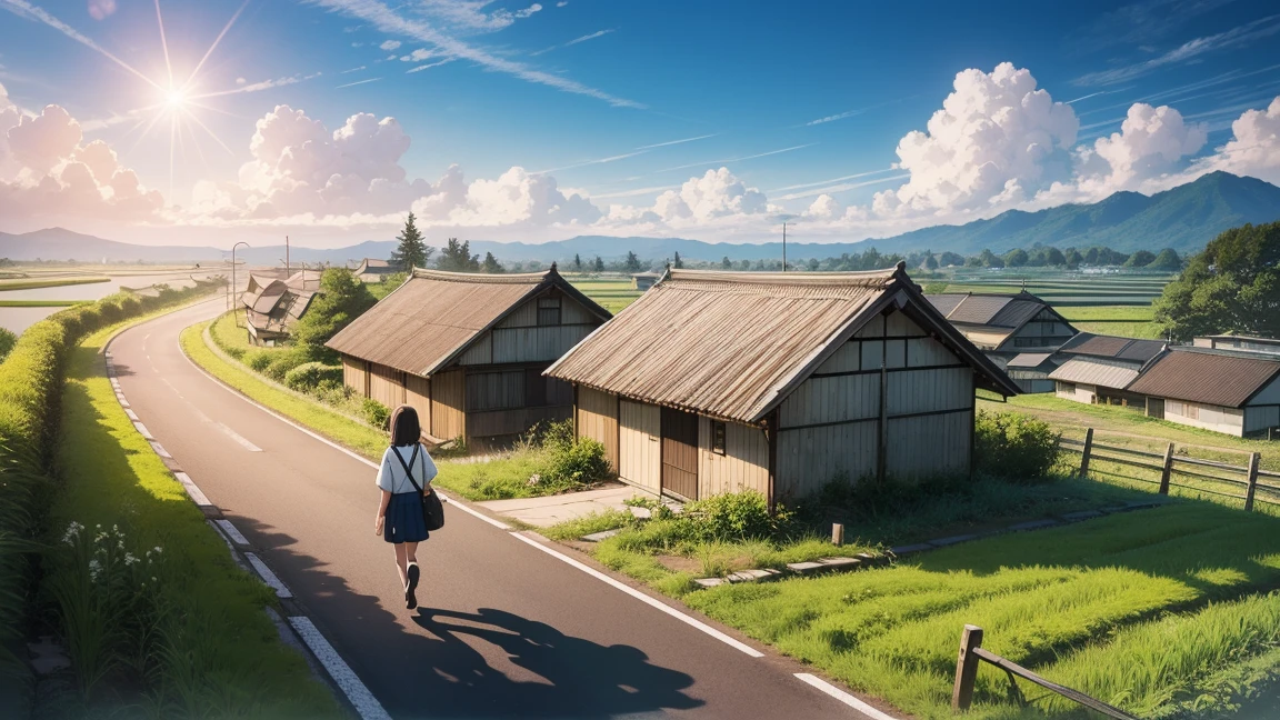 Ghibli, anime, Highest quality、Very detailed、Super Resolution、Ultra HD、8k wallpaper、Amazing details summer, Japan、Rice fields beside the road、Woman walking along a straight country road、A 16-year-old female student in uniform、blue sky、Shining Sun, Wide field of view, Small house and bus stop