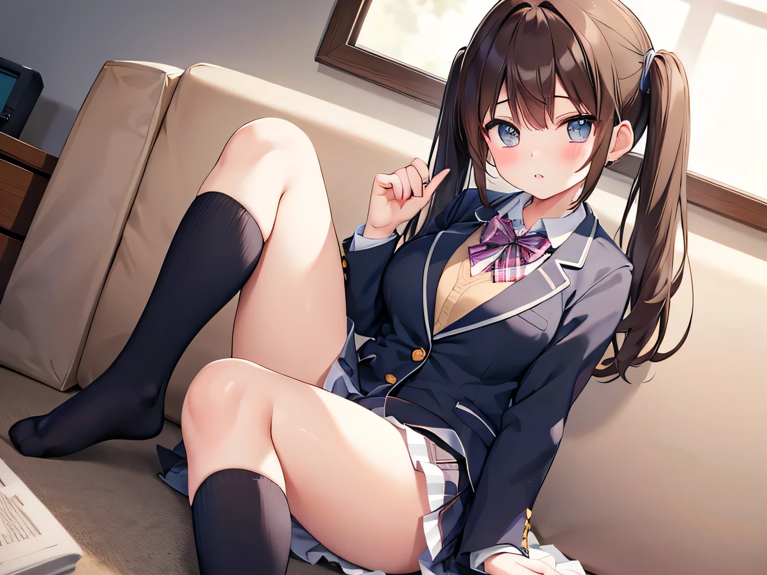 high school girl、Panty shot、Brown hair in high twin tails、blazer、loose socks