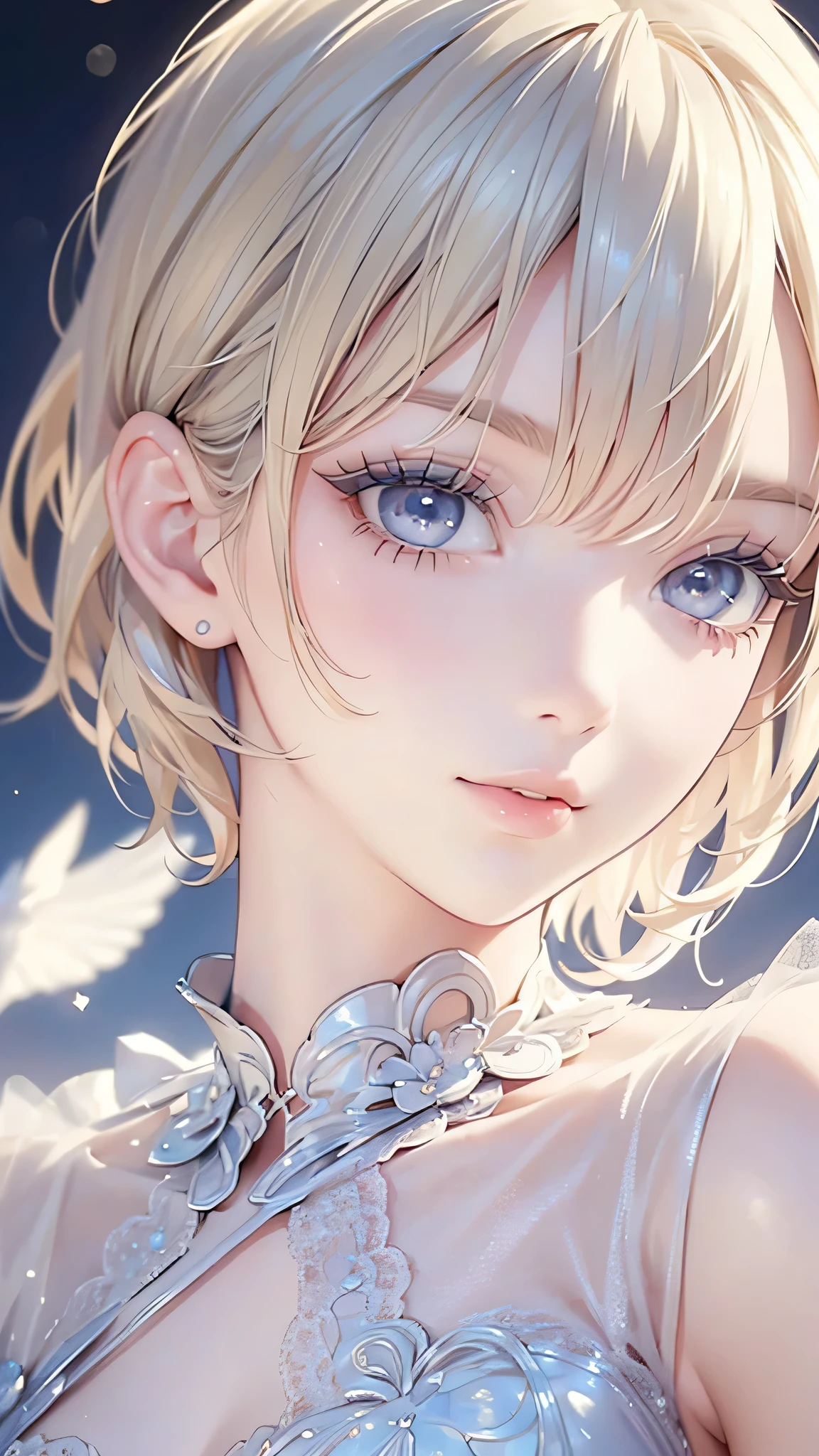 (masterpiece: 1.2, Highest quality), (Realistic, Intricate details, Depth of subject), Highest quality, masterpiece, Very detailed, 1 girl, Mature Woman, Blonde Short Hair, (Very delicate and beautiful face), (Beautiful eyes in every detail), blue eyes, King's Clothes, Slim figure, A crown made of precious gold,