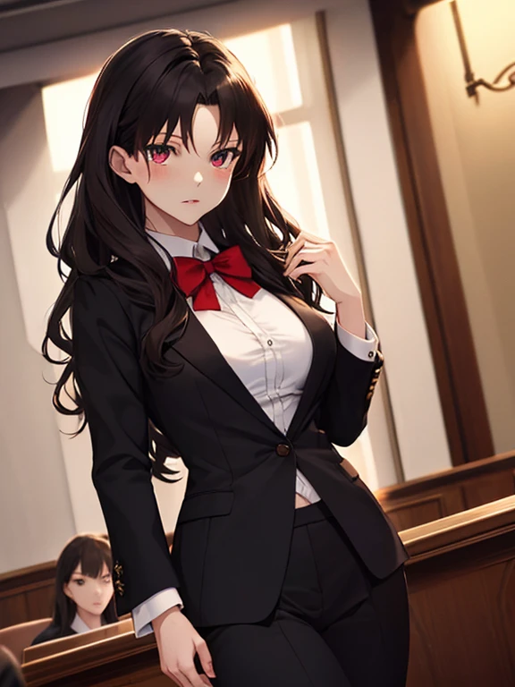 (lawyer), (The background is the courtroom), (Black suit), Tohsaka Rin, (masterpiece), highest quality, 1girl, uhd, retina, masterpiece, ccurate, anatomically correct, textured skin, super detail, high details, high quality, best quality, highres, 4K