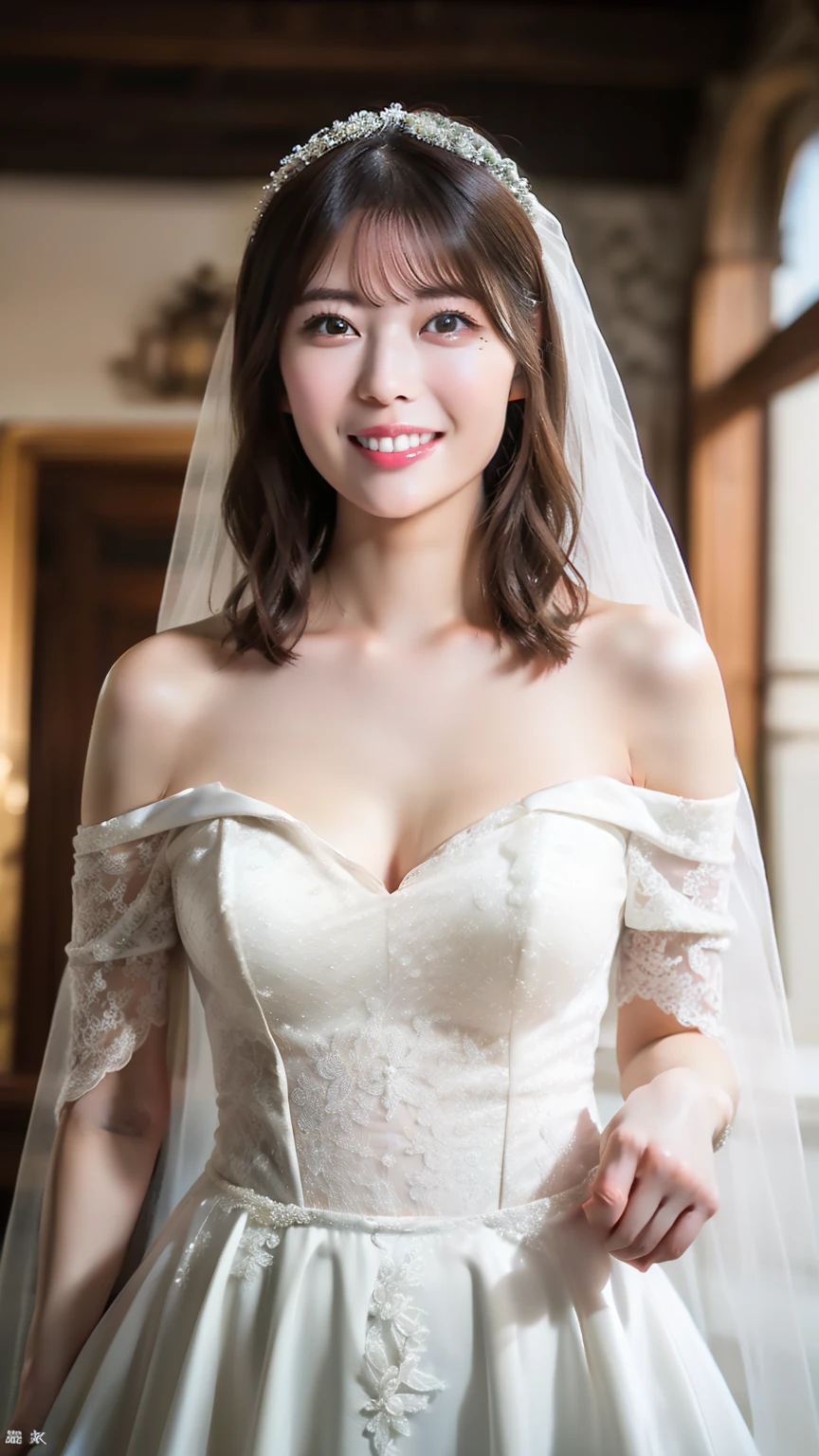(8k、RAW Photos、Highest quality、masterpiece:1.2)、(Realistic、Realistic)、1 girl、((off-the-shoulder wedding dresses、Veil、Chapel、Short Bob、View from the front、smile、Looking into the camera 、smile、stand))、cute、Large Breasts