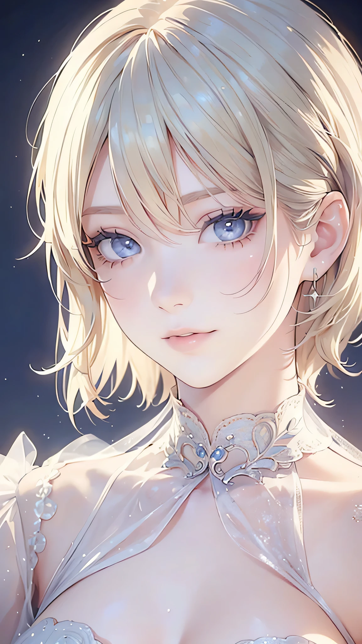 (masterpiece: 1.2, Highest quality),  (Realistic, Intricate details, Depth of subject), Highest quality, masterpiece, Very detailed,  1 girl, Mature Woman, Blonde Short Hair, (Very delicate and beautiful face), (Beautiful eyes in every detail), blue eyes, King&#39;s Clothes,  Slim figure, A crown made of precious gold,