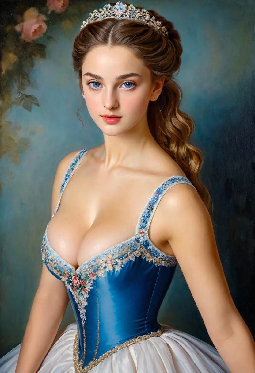 (highres,masterpiece:1.2),(realistic:1.37)"(best quality, highres, ultra-detailed, realistic),beautiful 19th-century portrait of a 16-year-old French ballet dancer, (She is half French and half Swedish, and is a stunning beauty with dark blue eyes and a high nose:1.1), ((massive breasts, gigantic breasts, sagging breasts, cleavage)), elaborate ballet costume, detailed facial features, long graceful neck, flowing locks of hair, poised and elegant posture, soft and delicate lighting, classic oil painting medium, vibrant colors, subtle background with floral motifs"