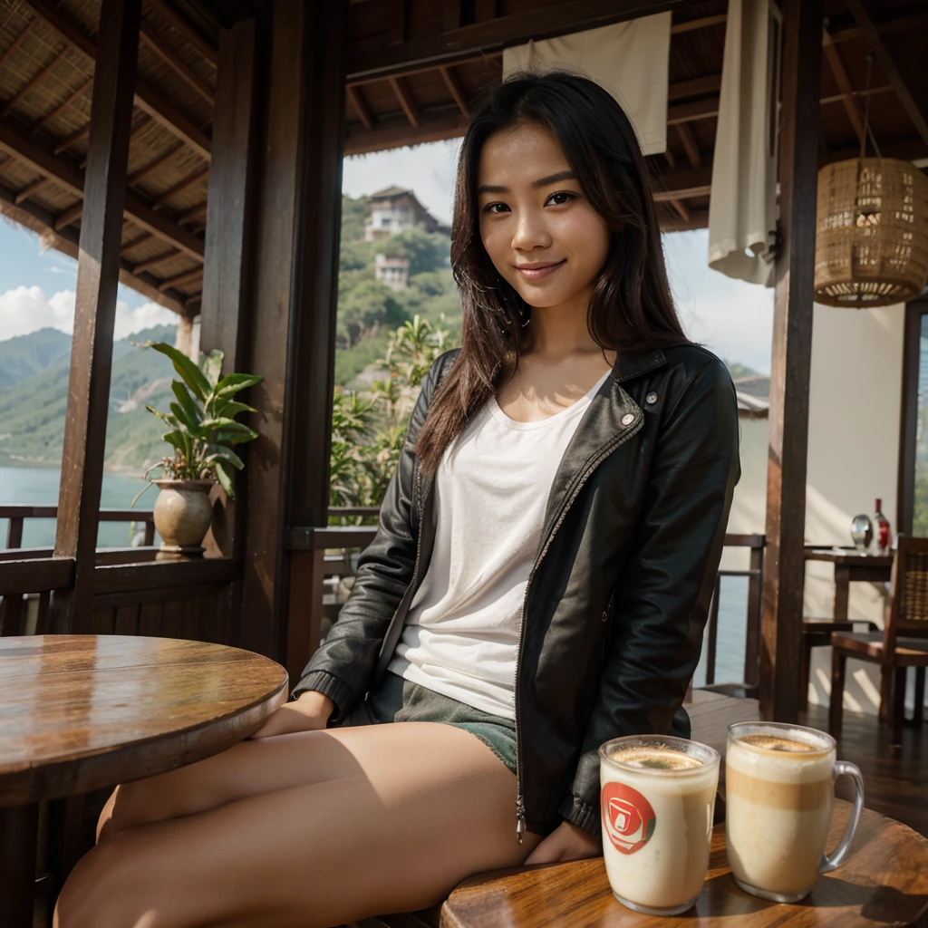 Professional photography of a woman young asian. Wearing a black jacket, white, green and red t-sirt, with a picture of a balinese mask. Chatting a little smiling, sitting in an open cafe at the top of the mountain, on the table there was 1 cup of black coffe. With a view of the misty lake, the photo was taken with a vivo cellphone camera