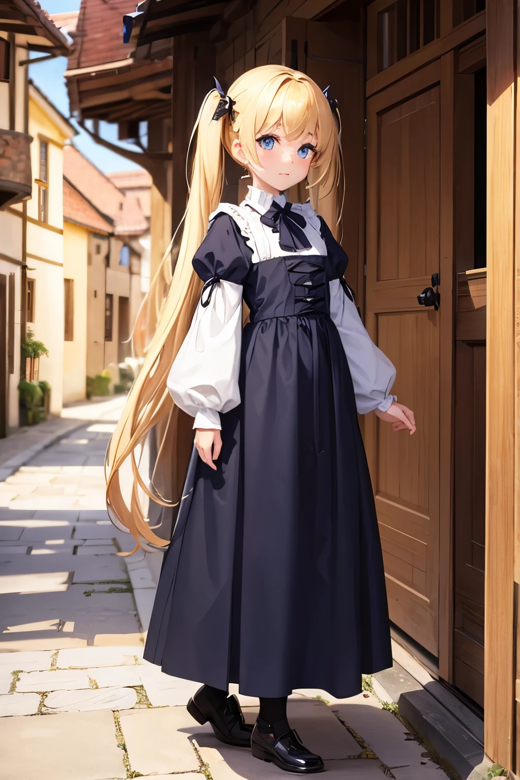 full-length, hq artstyle, medieval town,petitgirl with blonde twin tail,