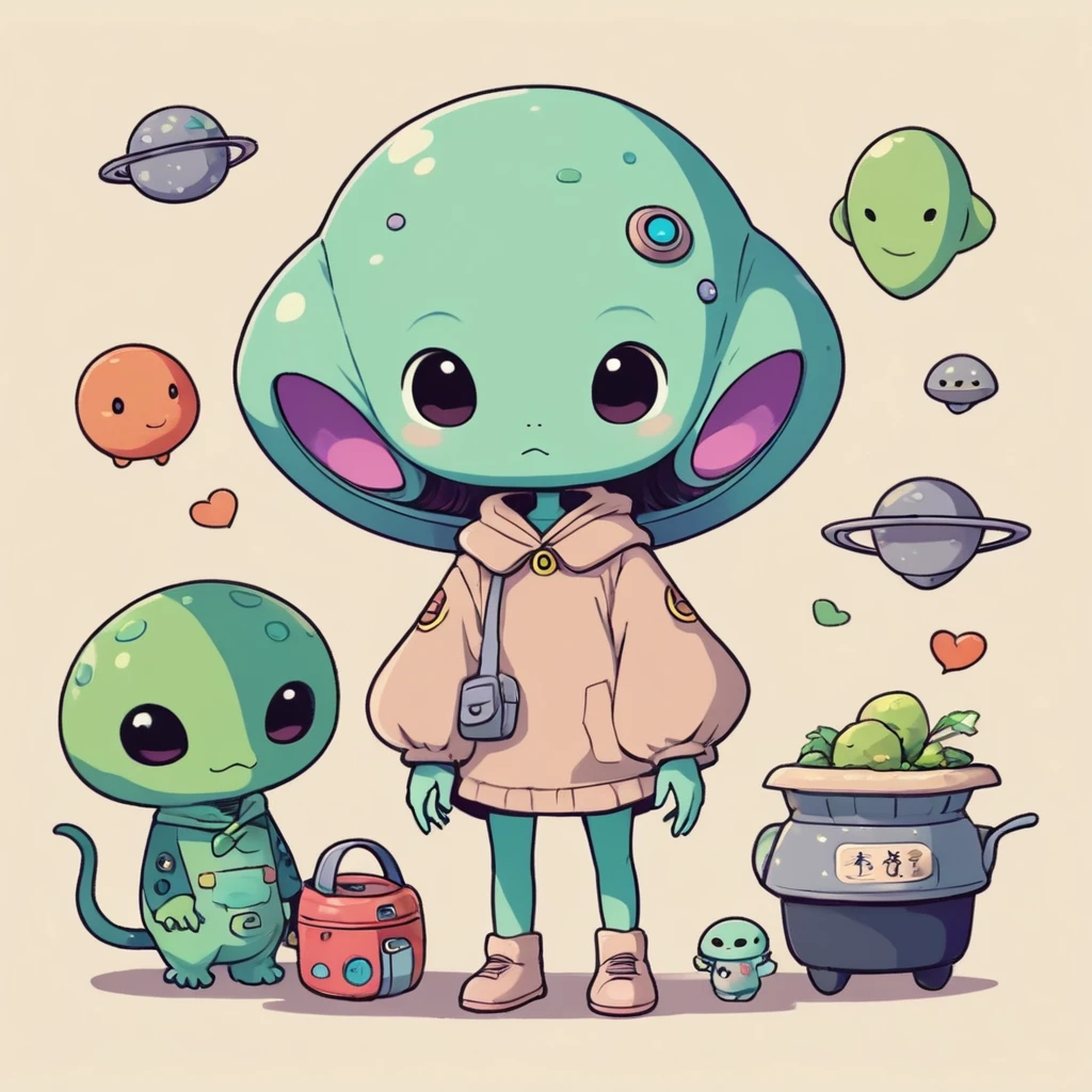hayao miyazaki style, Kawaii Design, (((Cute humanoid alien))), No people, (((No background)))