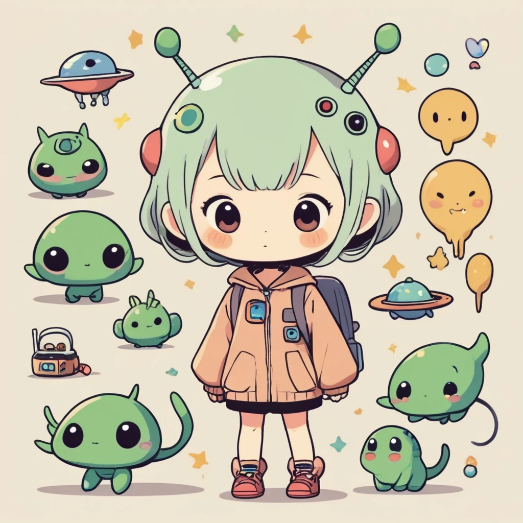 hayao miyazaki style, Kawaii Design, (((Cute humanoid alien))), No people, (((No background)))