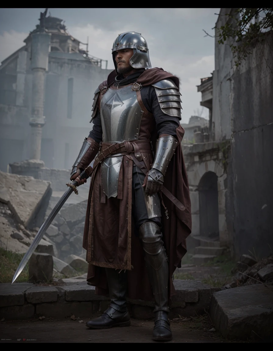 Warrior swordsman , leather suit over which armor is worn, cross on the armor .The helmet covers the face.